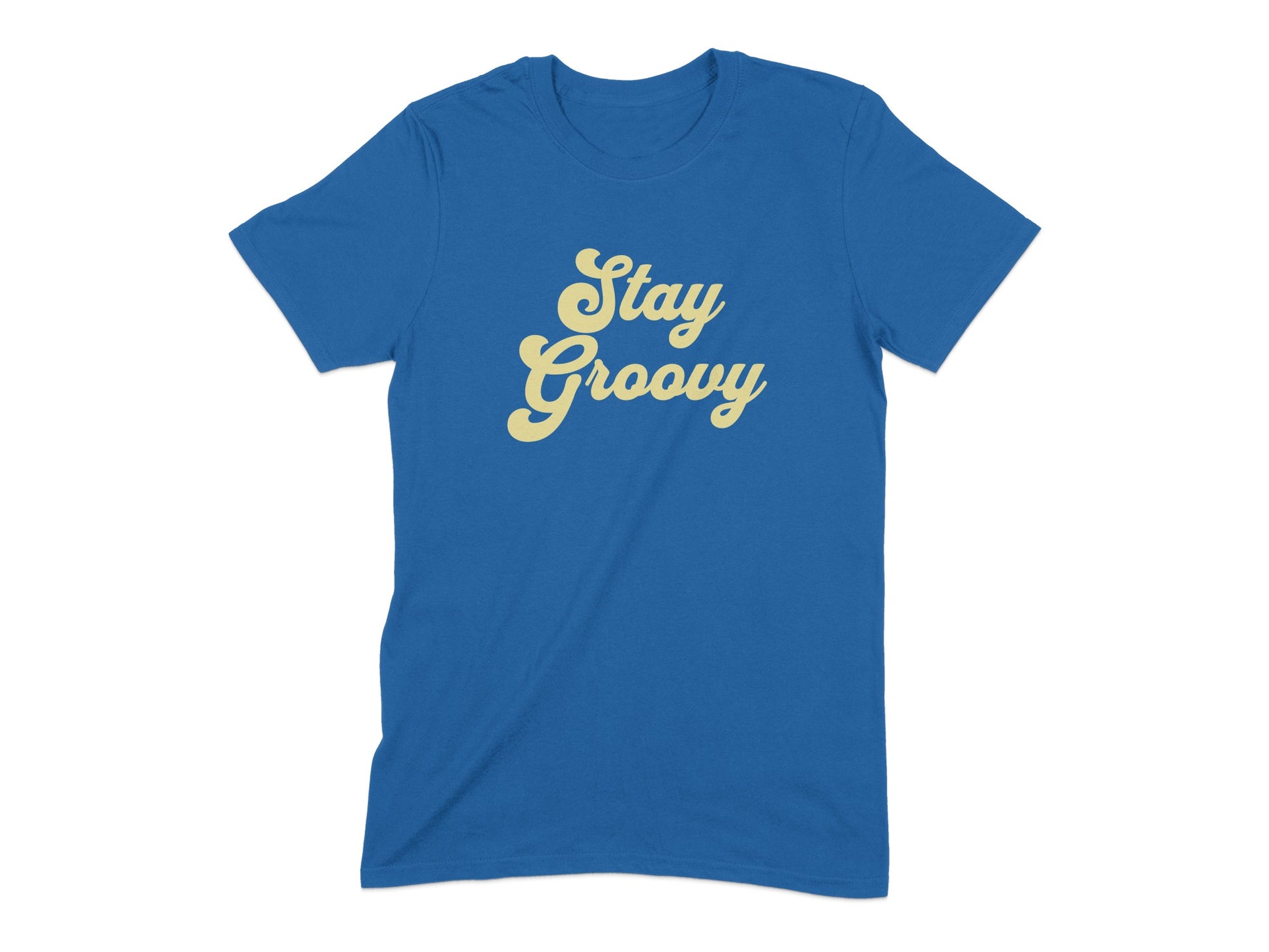 Stay Groovy text design on blue t-shirt product type