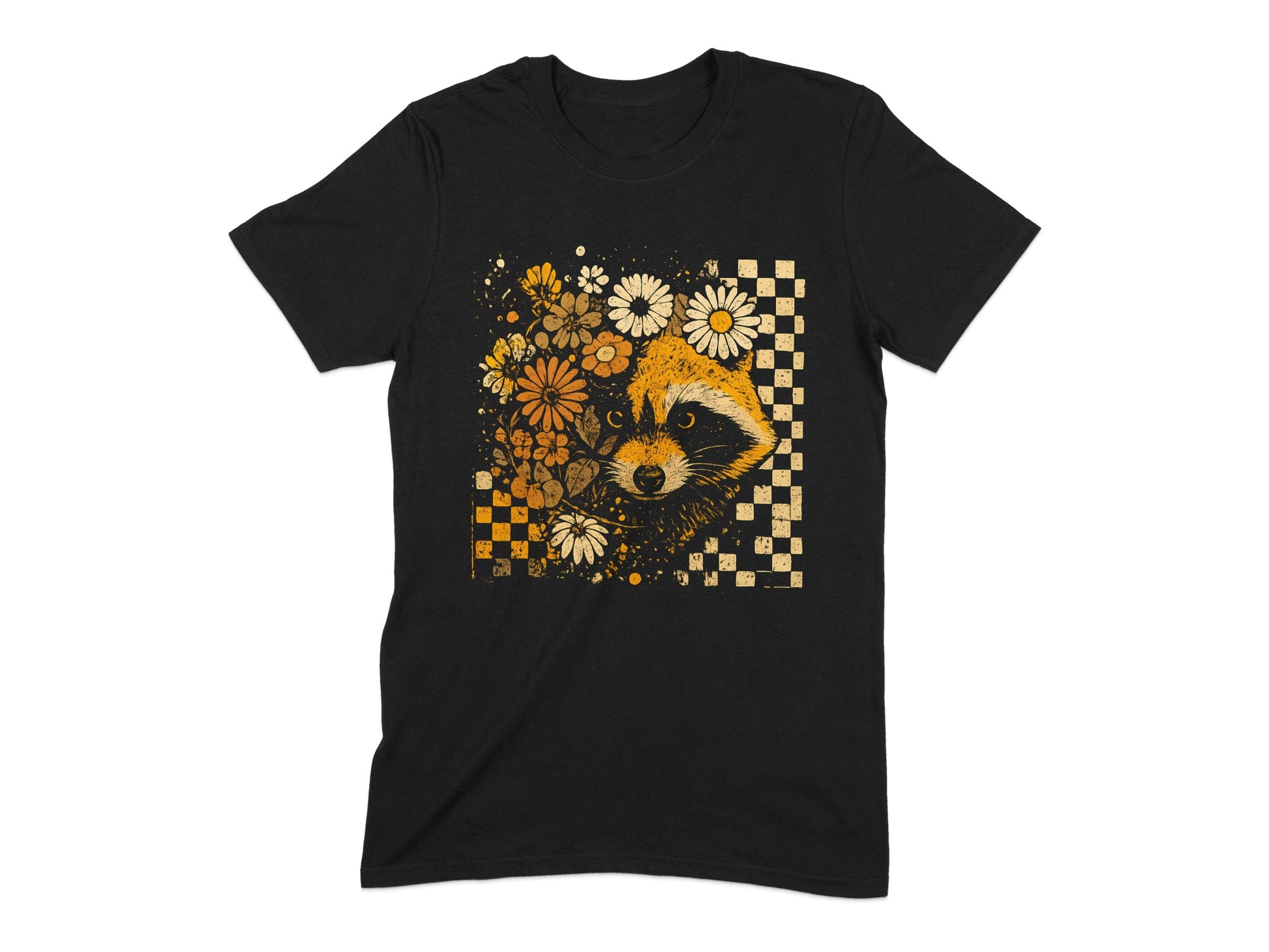Colorful Floral Raccoon Black T-shirt product type