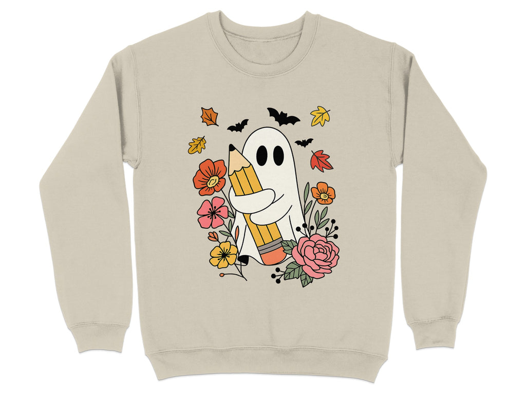 Cute Ghost with Pencil and Flowers Print Sweatshirt Product
