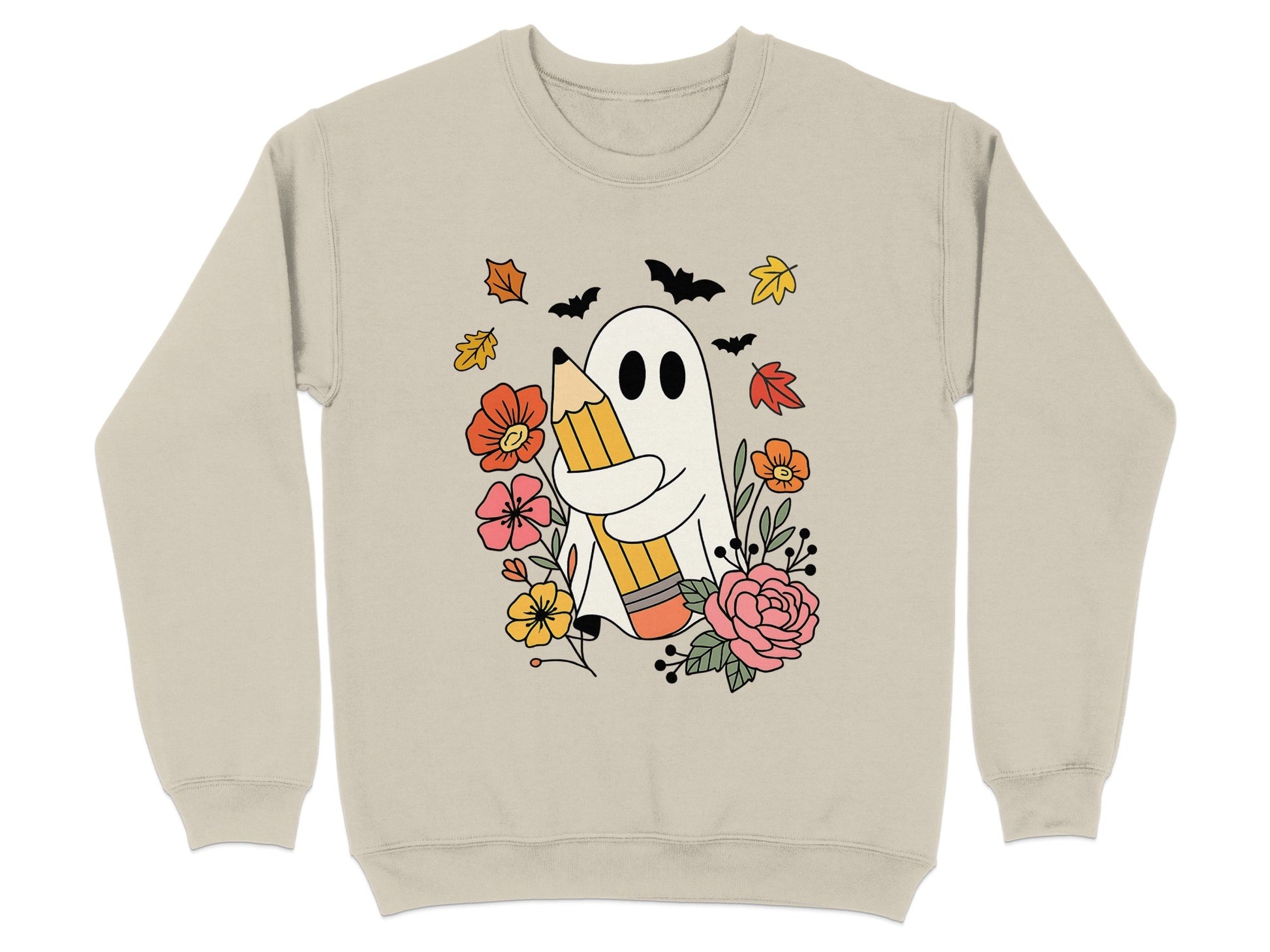 Cute Ghost with Pencil and Flowers Print Sweatshirt Product