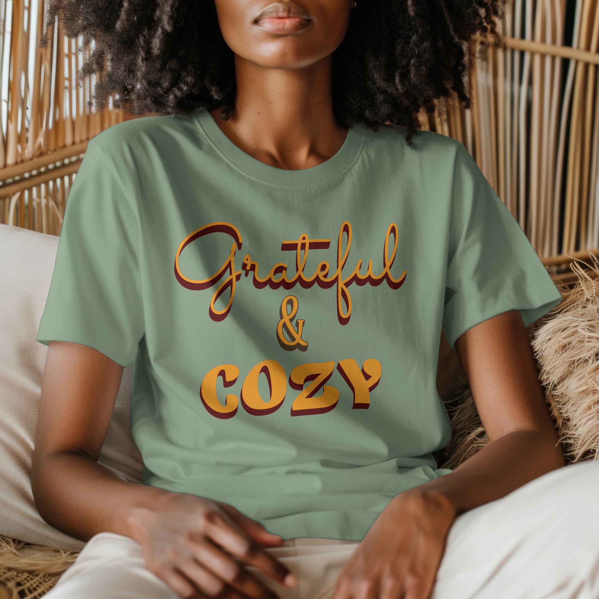 Grateful and Cozy Fall Holiday Graphic Design Typography T-Shirt