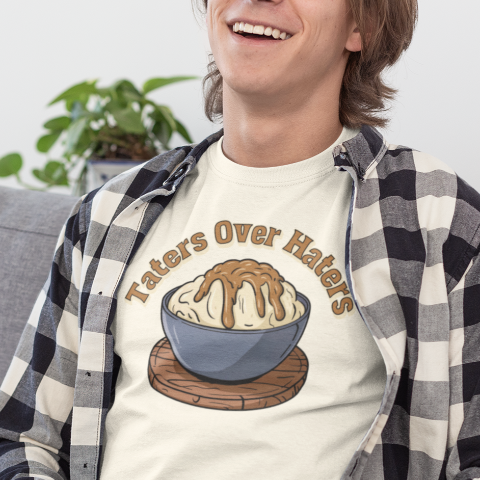 Taters Over Haters Funny Thanksgiving and Christmas Dinner T-Shirt - Fun Unisex Softstyle Tee X-Small Through 5X